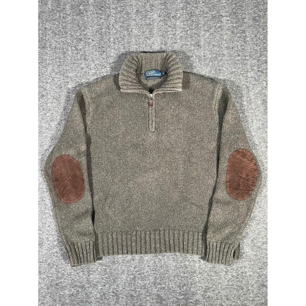 Polo Ralph Lauren Sweater Mens XL Green Hemp 1/4 Zip Mock Neck Elbow Patches